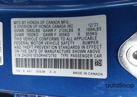 2024 Honda Civic Si Sedan из США, поврежденный, VIN 2HGFE1E50RH472750
